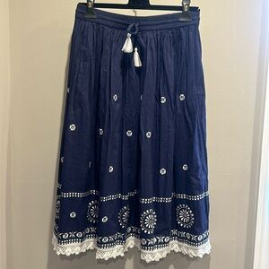 Navy Blue and white midi skirt Size Medium New with tags never worn .